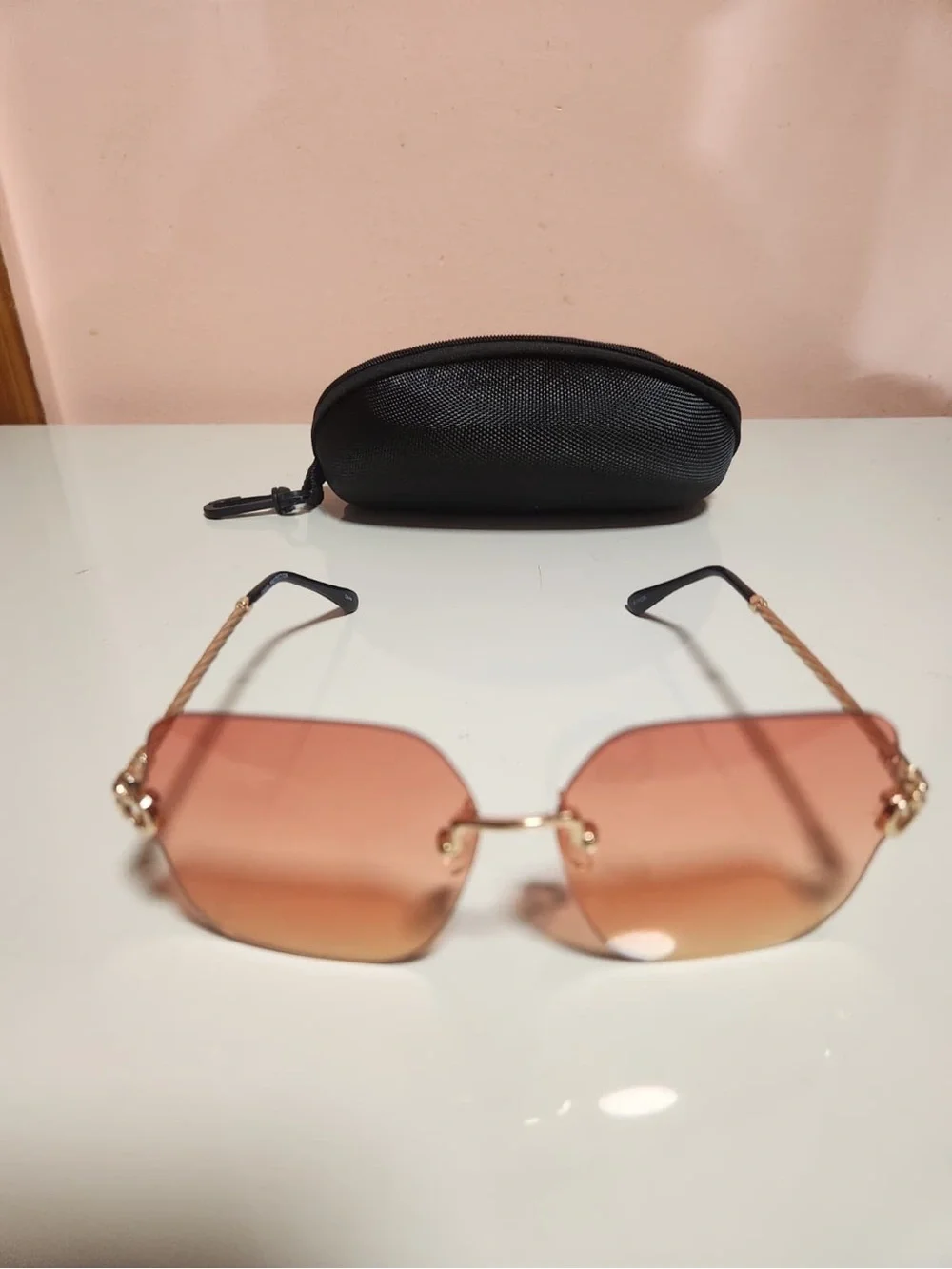 Unisex Geometric Rimless Sunglasses Pink Tinted Lenses Gold Metal Frame w/ Case